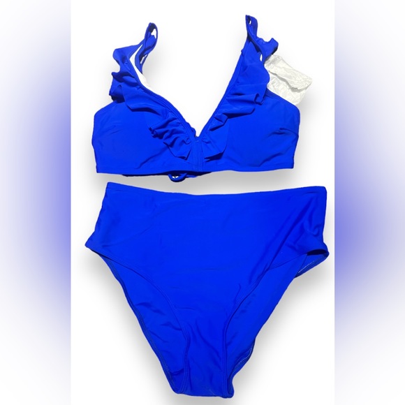 368. XL NEW HOLIPICK Sexy Blue High Waisted Silhouette Ruffled Top Bikini Set - Picture 2 of 5